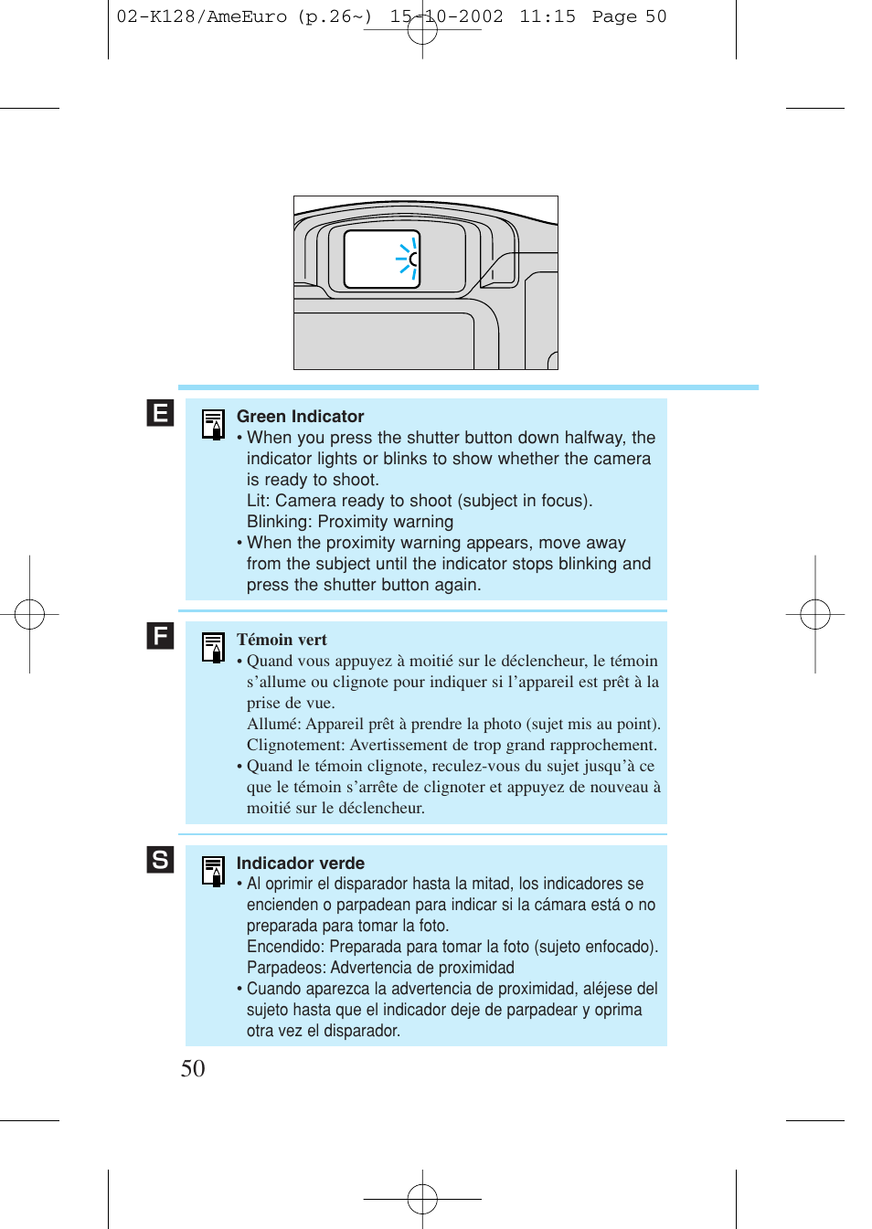 Green indicator, Témoin vert, Indicador verde | Canon Prima AF-9s Set User Manual | Page 50 / 127