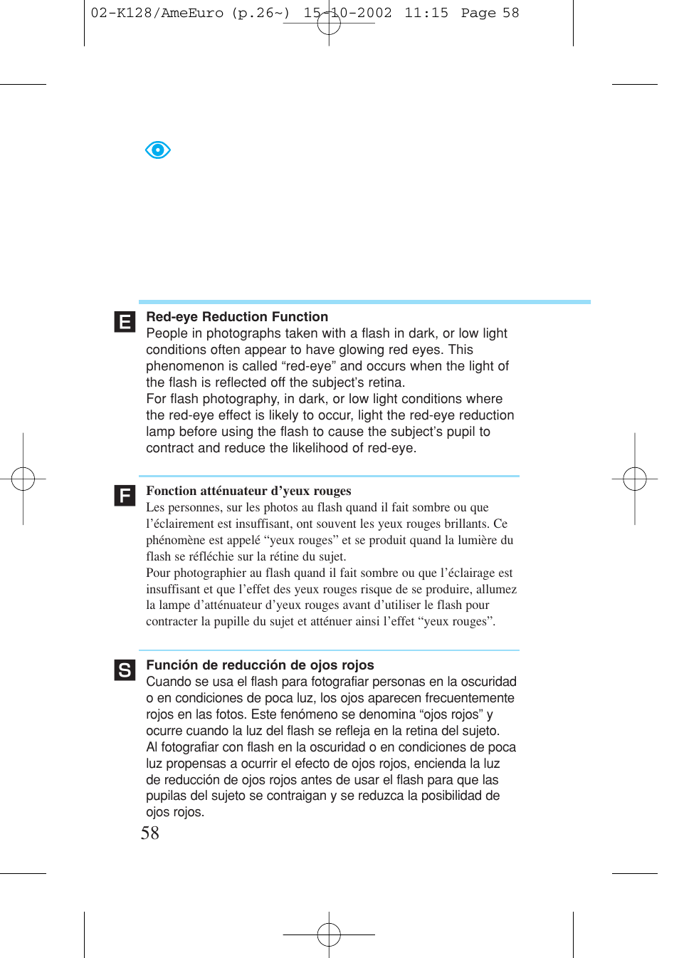 Red-eye reduction function, Fonction atténuateur d'yeux rouges, Función de reducción de ojos rojos | Fonction atténuateur d’yeux rouges | Canon Prima AF-9s Set User Manual | Page 58 / 127