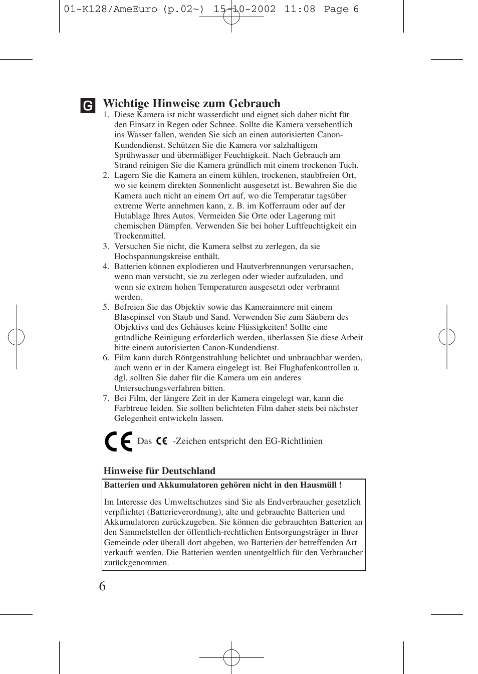 Wichtige hinweise zum gebrauch | Canon Prima AF-9s Set User Manual | Page 6 / 127