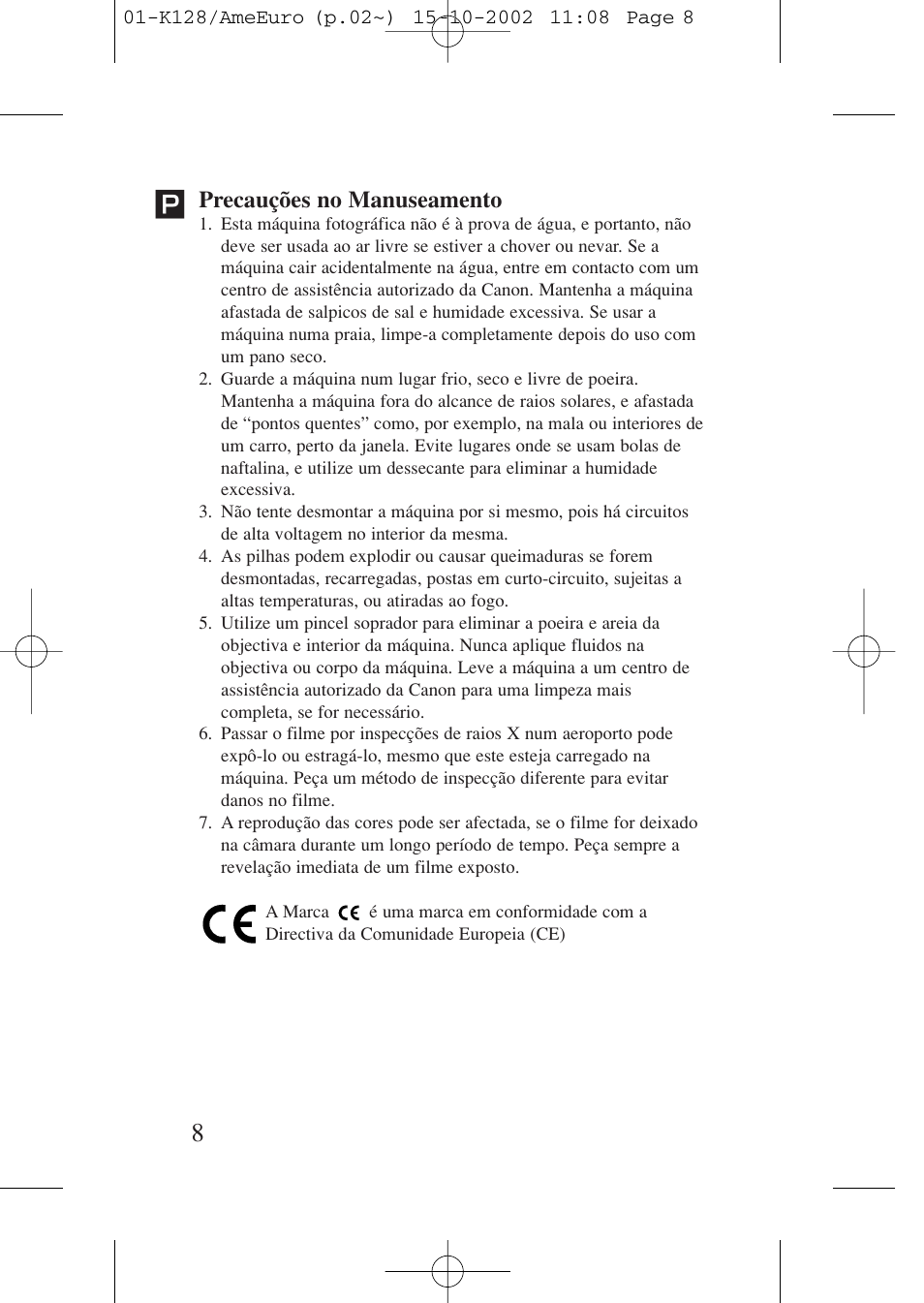 Precauções no manuseamento | Canon Prima AF-9s Set User Manual | Page 8 / 127