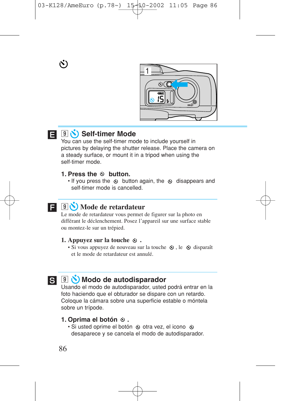 9 self-timer mode, 9 mode de retardateur, 9 modo de autodisparador | Self-timer mode, Mode de retardateur, Modo de autodisparador | Canon Prima AF-9s Set User Manual | Page 86 / 127