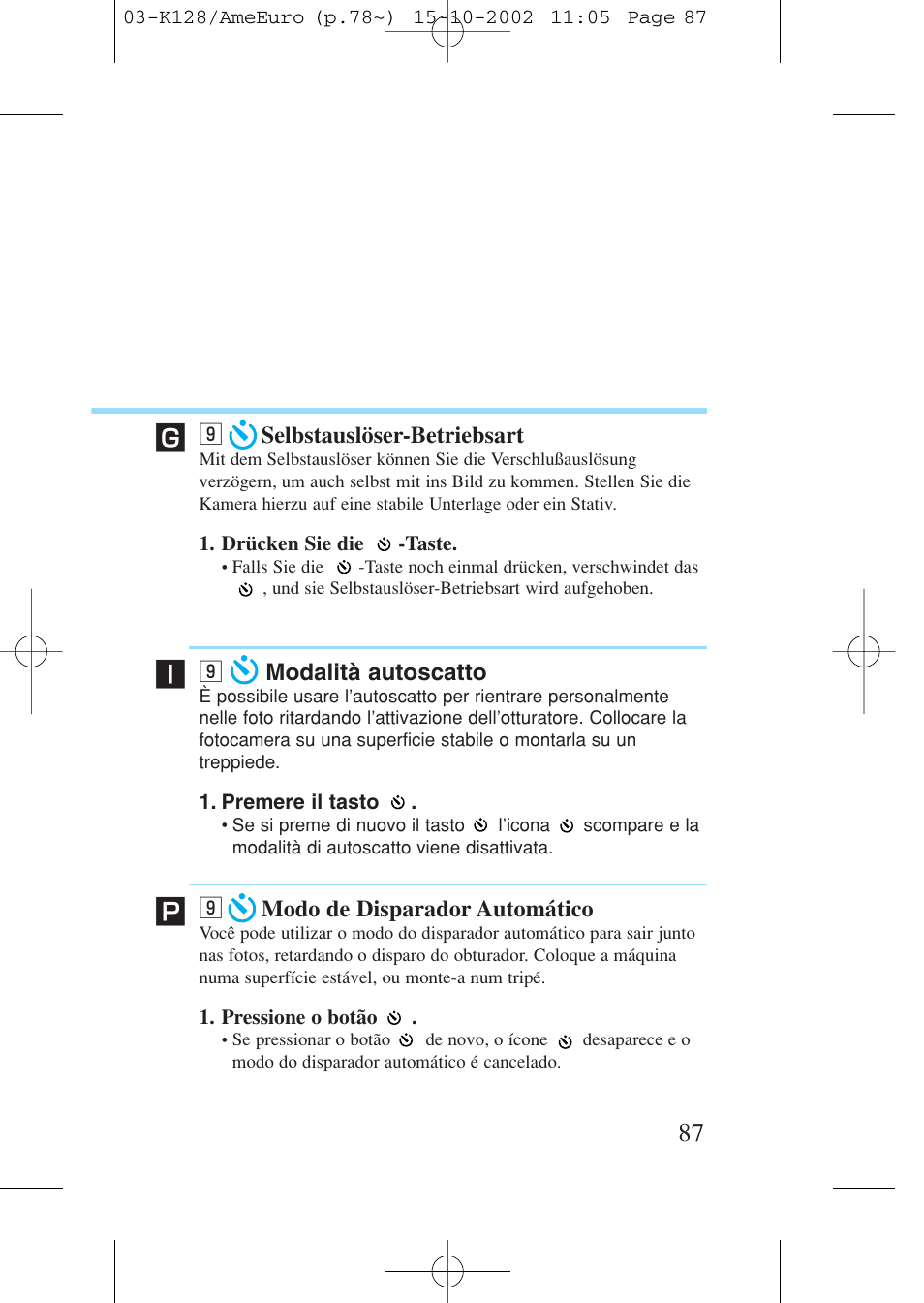 9 selbstauslöser-betriebsart, 9 modalit/ autoscatto, 9 modo de disparador automático | Selbstauslöser-betriebsart, Modalità autoscatto, Modo de disparador automático | Canon Prima AF-9s Set User Manual | Page 87 / 127