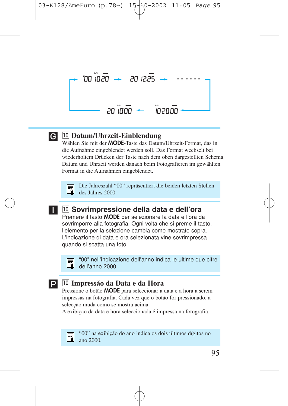 10 datum/uhrzeit-einblendung, 10 sovrimpressione della data e dell'ora, 10 impressão da data e da hora | 0 datum/uhrzeit-einblendung, 0 sovrimpressione della data e dell’ora, 0 impressão da data e da hora | Canon Prima AF-9s Set User Manual | Page 95 / 127