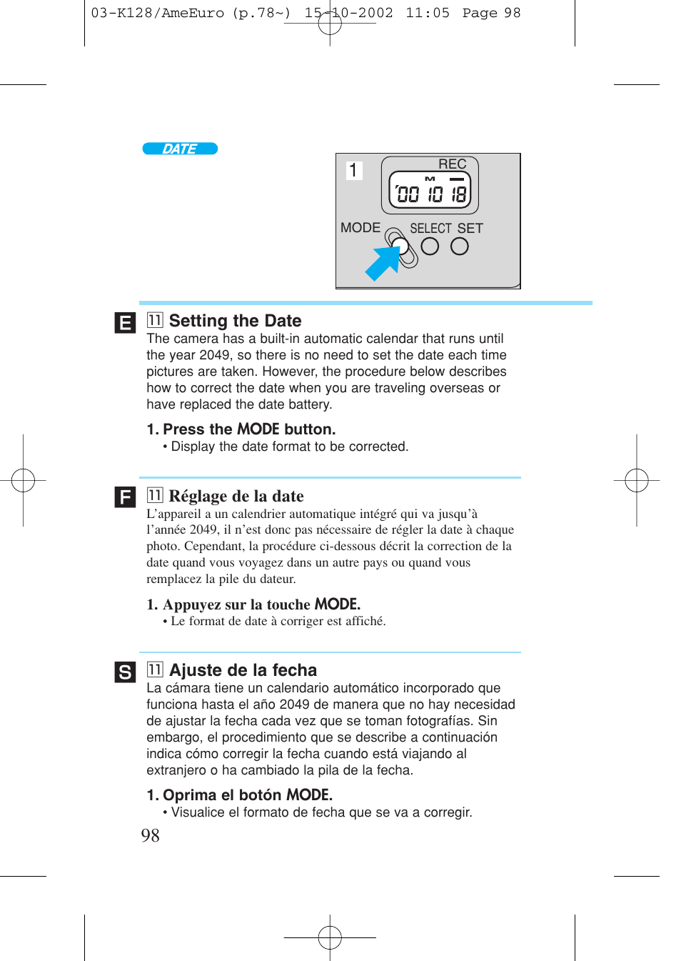 11 setting the date, 11 réglage de la date, 11 ajuste de la fecha | 1 setting the date, 1 réglage de la date, 1 ajuste de la fecha | Canon Prima AF-9s Set User Manual | Page 98 / 127