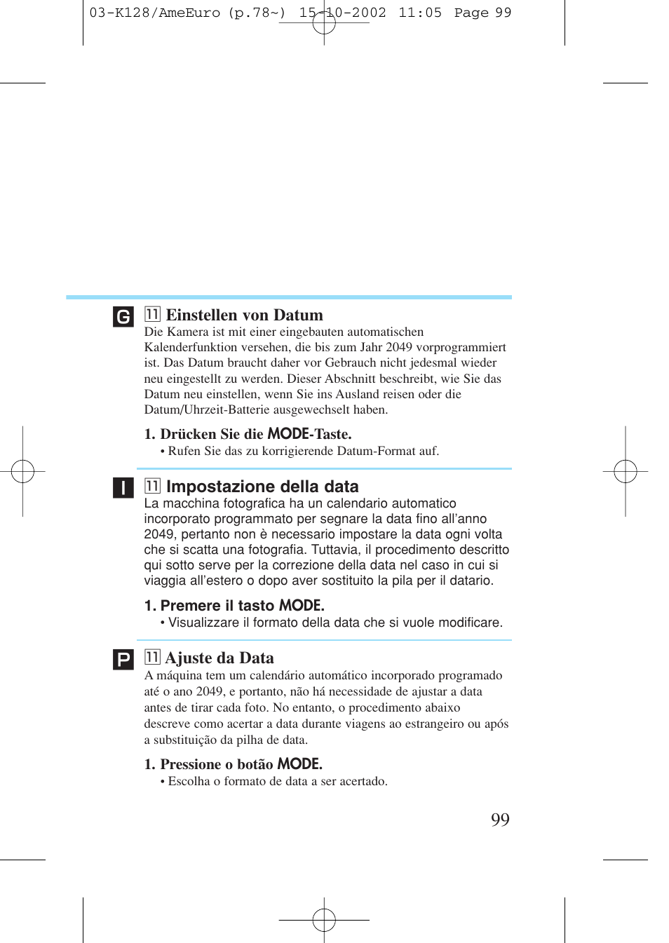 11 einstellen von datum, 11 impostazione della data, 11 ajuste da data | 1 einstellen von datum, 1 impostazione della data, 1 ajuste da data | Canon Prima AF-9s Set User Manual | Page 99 / 127