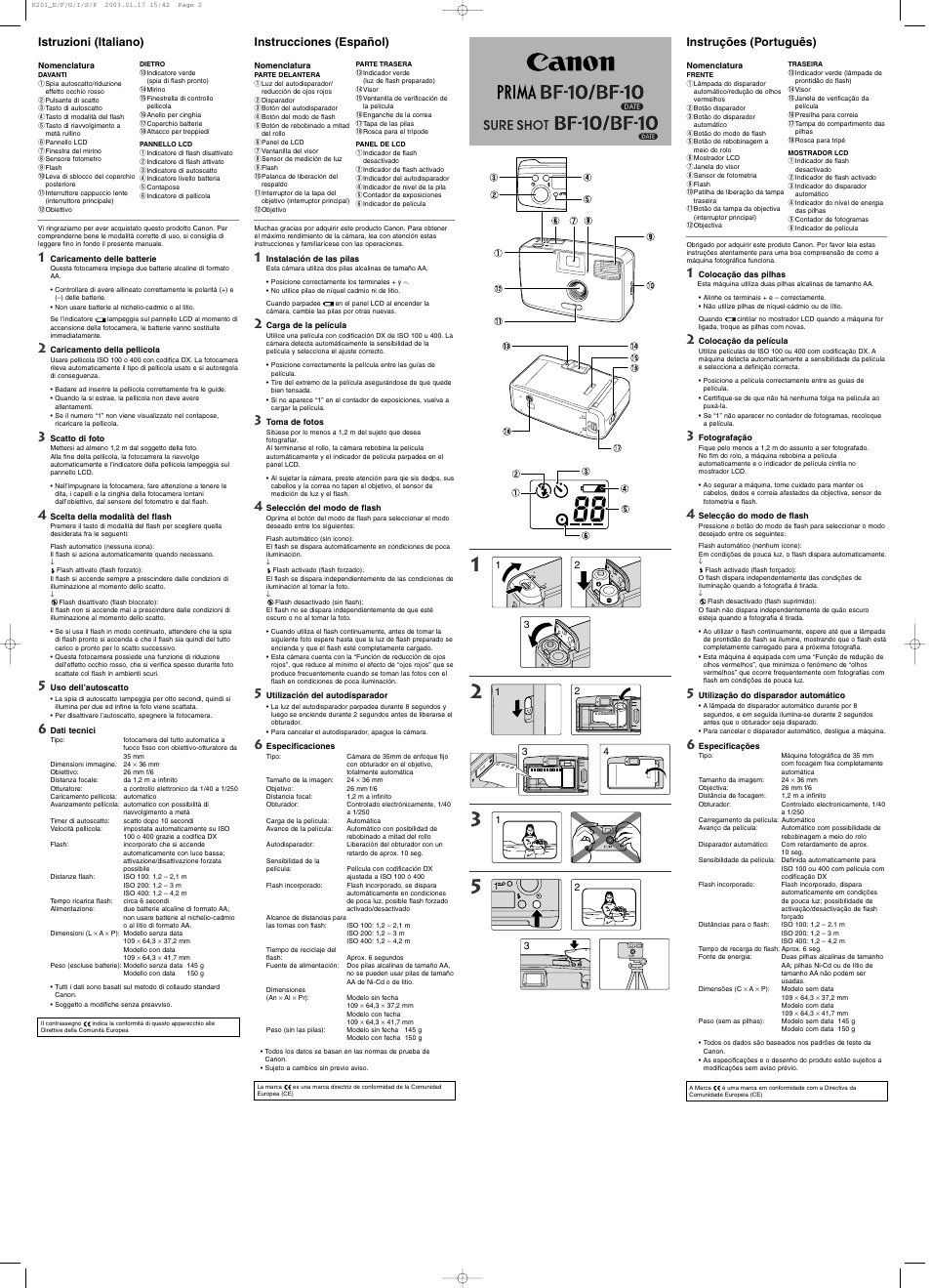 Istruzioni (italiano), Instrucciones (español), Instruções (português) | Canon Prima BF-10 User Manual | Page 2 / 2