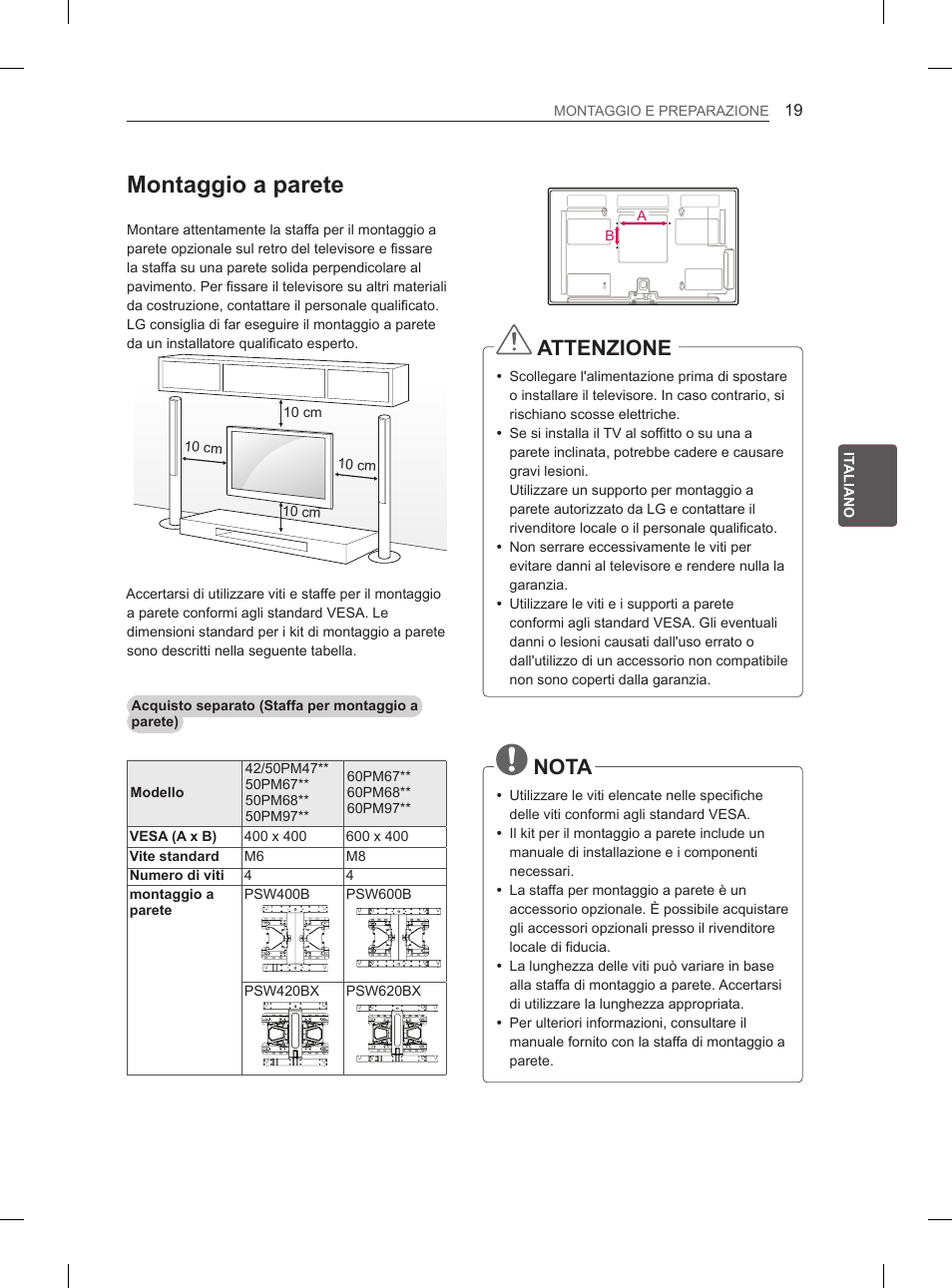 Montaggio a parete, Attenzione, Nota | LG 50PM4700 User Manual | Page 104 / 671