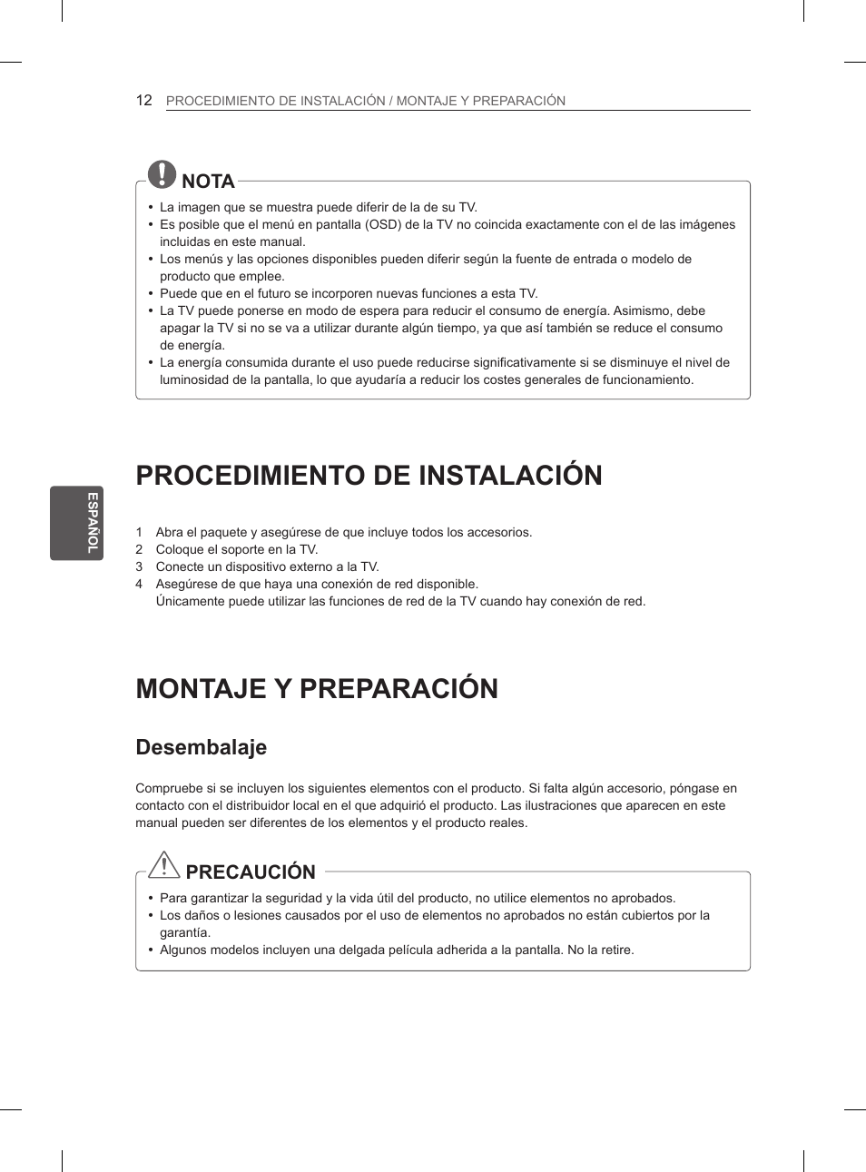 Procedimiento de instalación, Montaje y preparación, Desembalaje | Nota, Precaución | LG 50PM4700 User Manual | Page 123 / 671