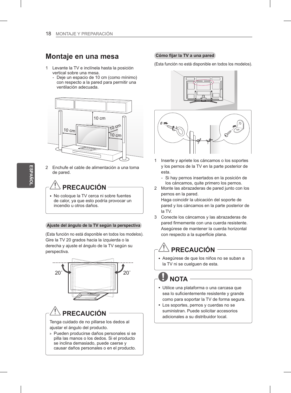 Montaje en una mesa, Precaución, Nota | LG 50PM4700 User Manual | Page 129 / 671