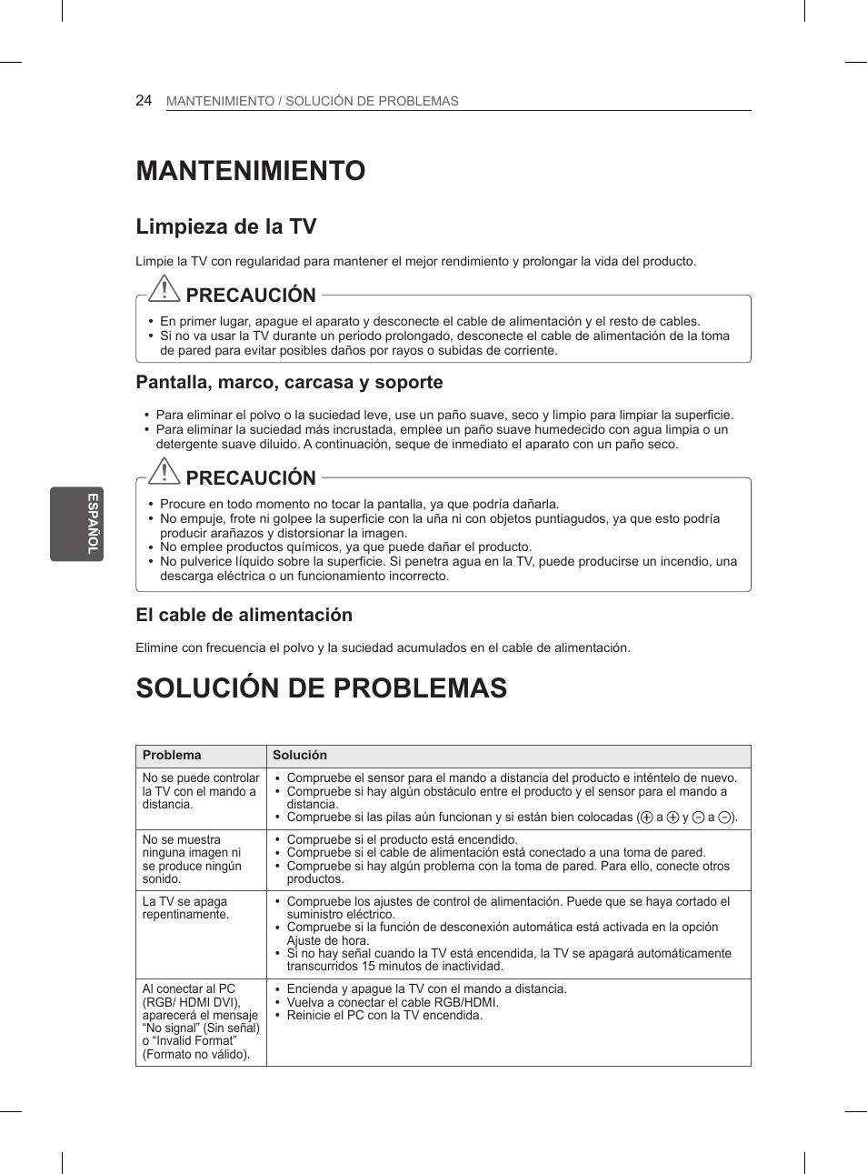 Mantenimiento, Solución de problemas, Limpieza de la tv | Precaución, Pantalla, marco, carcasa y soporte, El cable de alimentación | LG 50PM4700 User Manual | Page 135 / 671