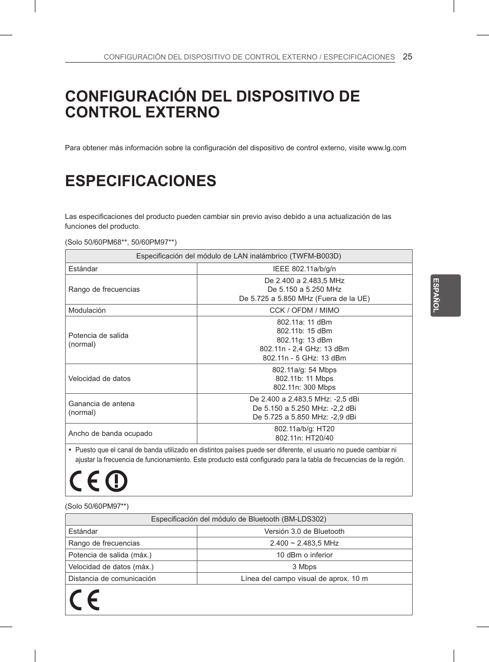 Configuración del dispositivo de control externo, Especificaciones | LG 50PM4700 User Manual | Page 136 / 671