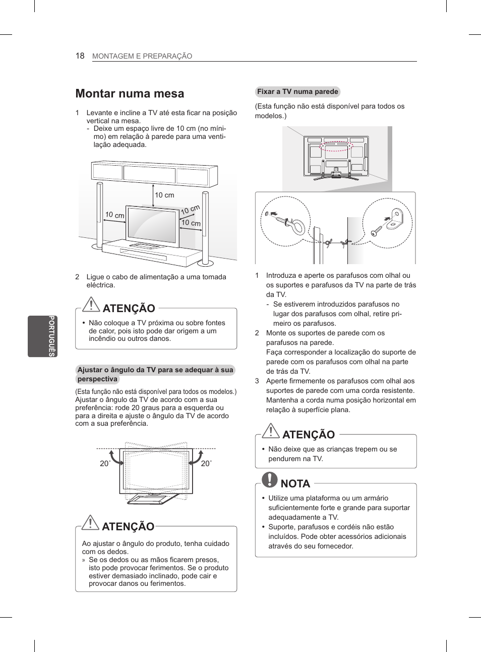 Montar numa mesa, Atenção, Nota | LG 50PM4700 User Manual | Page 155 / 671