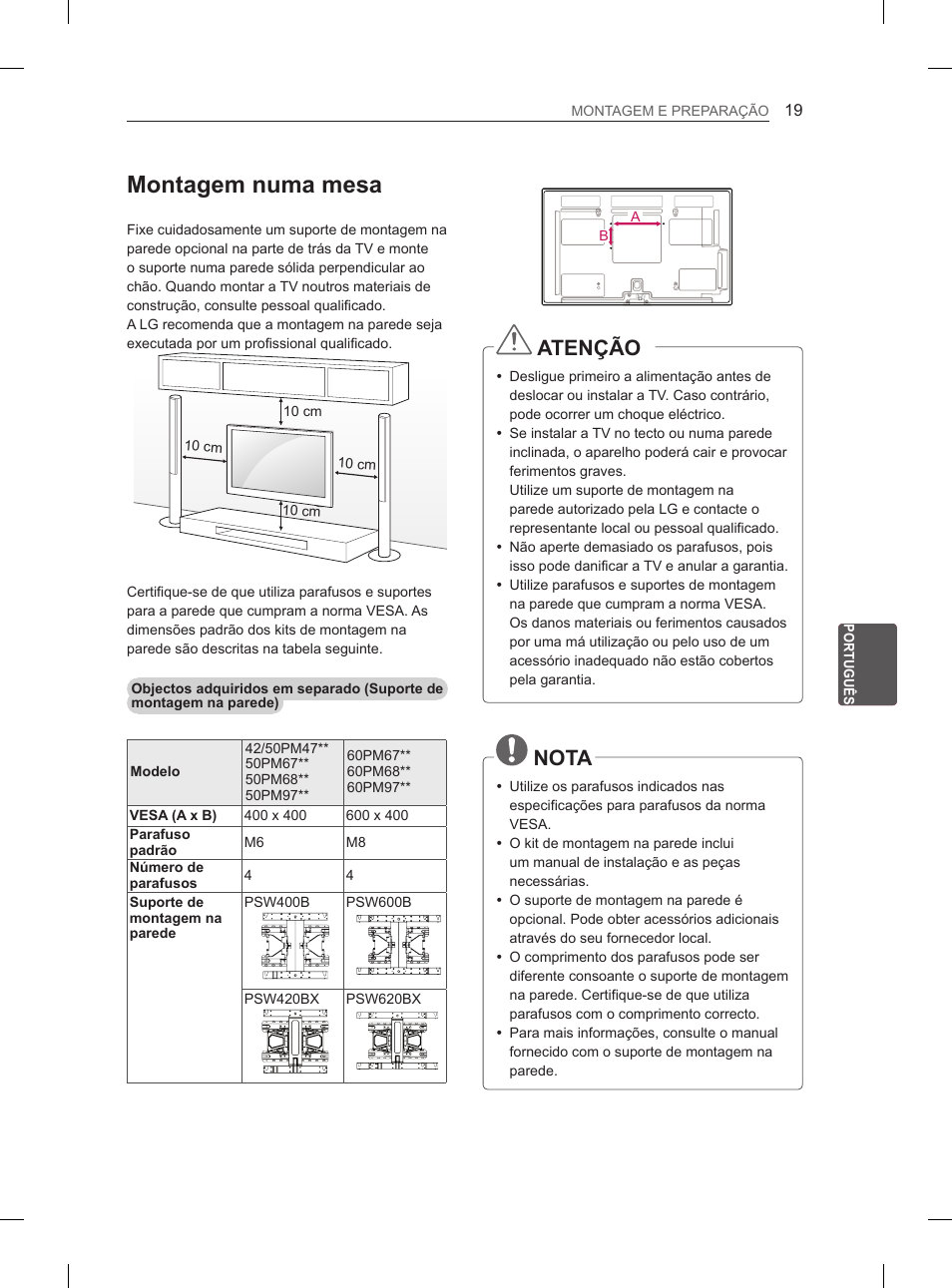 Montagem numa mesa, Atenção, Nota | LG 50PM4700 User Manual | Page 156 / 671