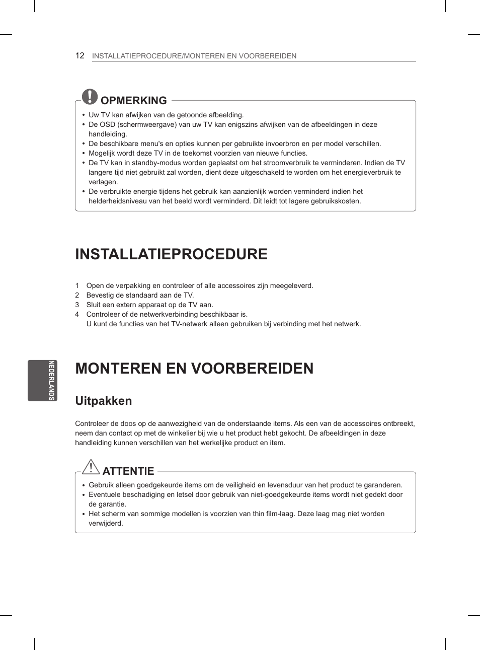 Installatieprocedure, Monteren en voorbereiden, Uitpakken | Opmerking, Attentie | LG 50PM4700 User Manual | Page 175 / 671