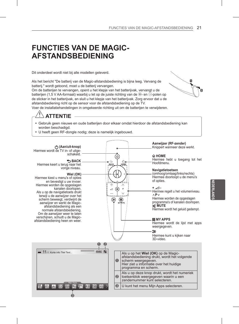 Functies van de magic- afstandsbediening, Attentie | LG 50PM4700 User Manual | Page 184 / 671