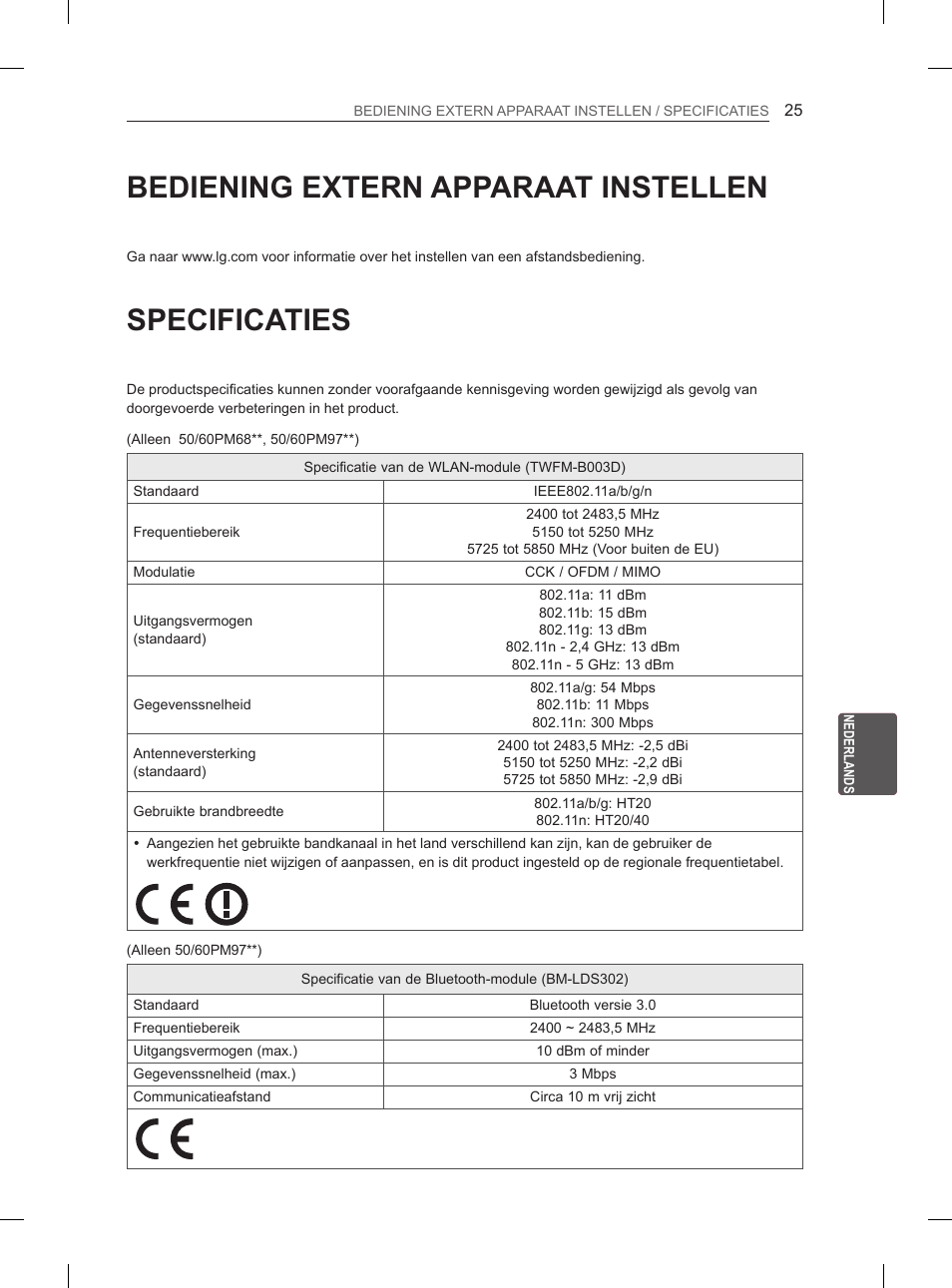 Bediening extern apparaat instellen, Specificaties | LG 50PM4700 User Manual | Page 188 / 671
