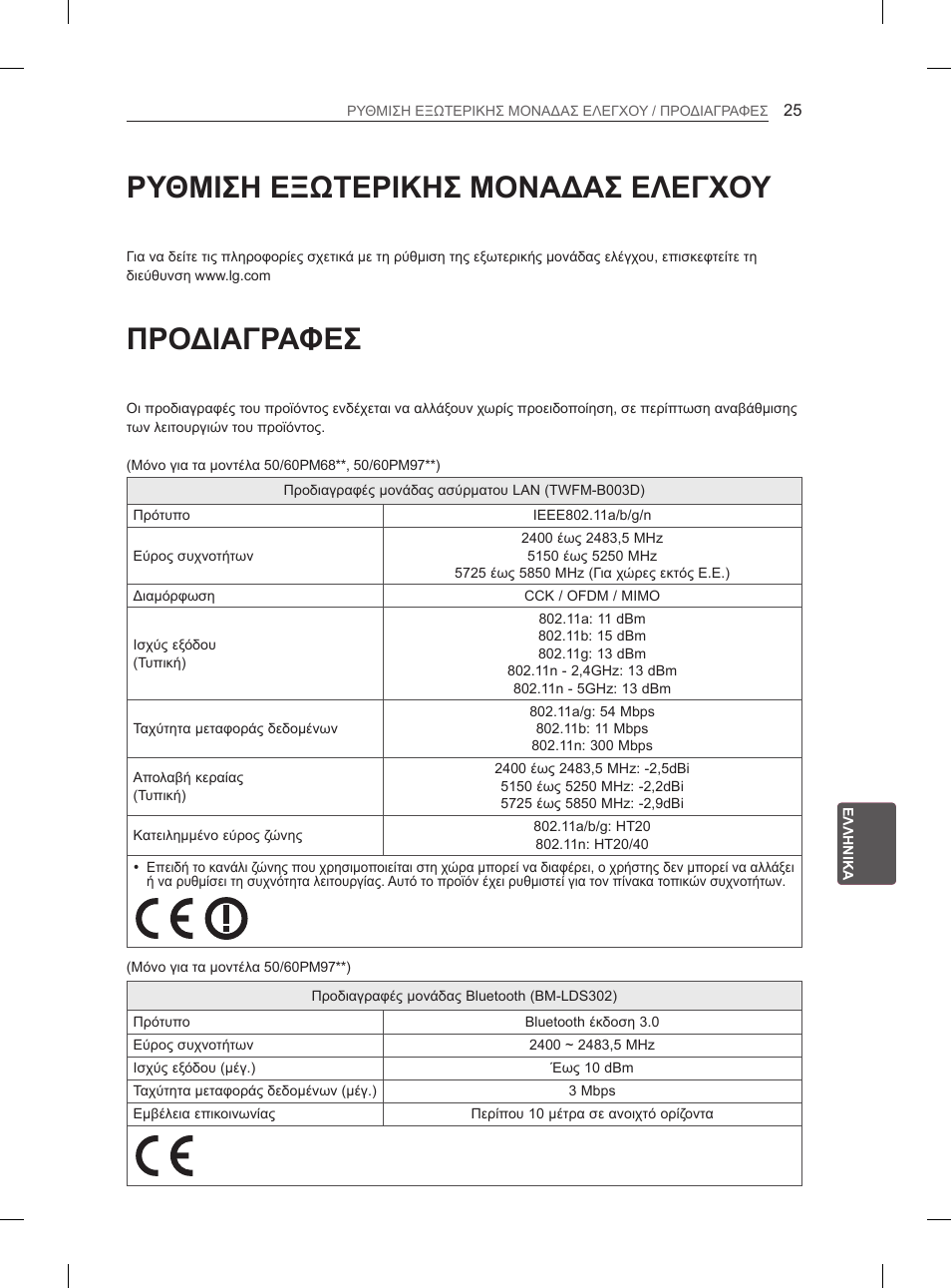Ρυθμιση εξωτερικησ μοναδασ ελεγχου, Προδιαγραφεσ | LG 50PM4700 User Manual | Page 214 / 671