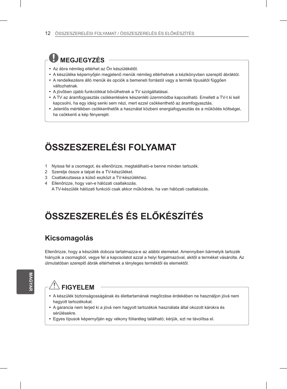 Összeszerelési folyamat, Összeszerelés és előkészítés, Kicsomagolás | Megjegyzés, Figyelem | LG 50PM4700 User Manual | Page 227 / 671