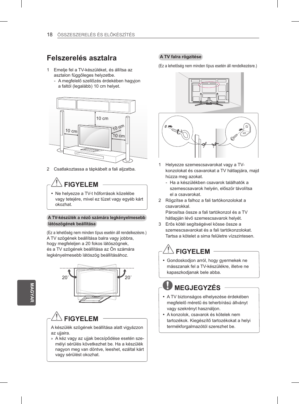 Felszerelés asztalra, Figyelem, Megjegyzés | LG 50PM4700 User Manual | Page 233 / 671