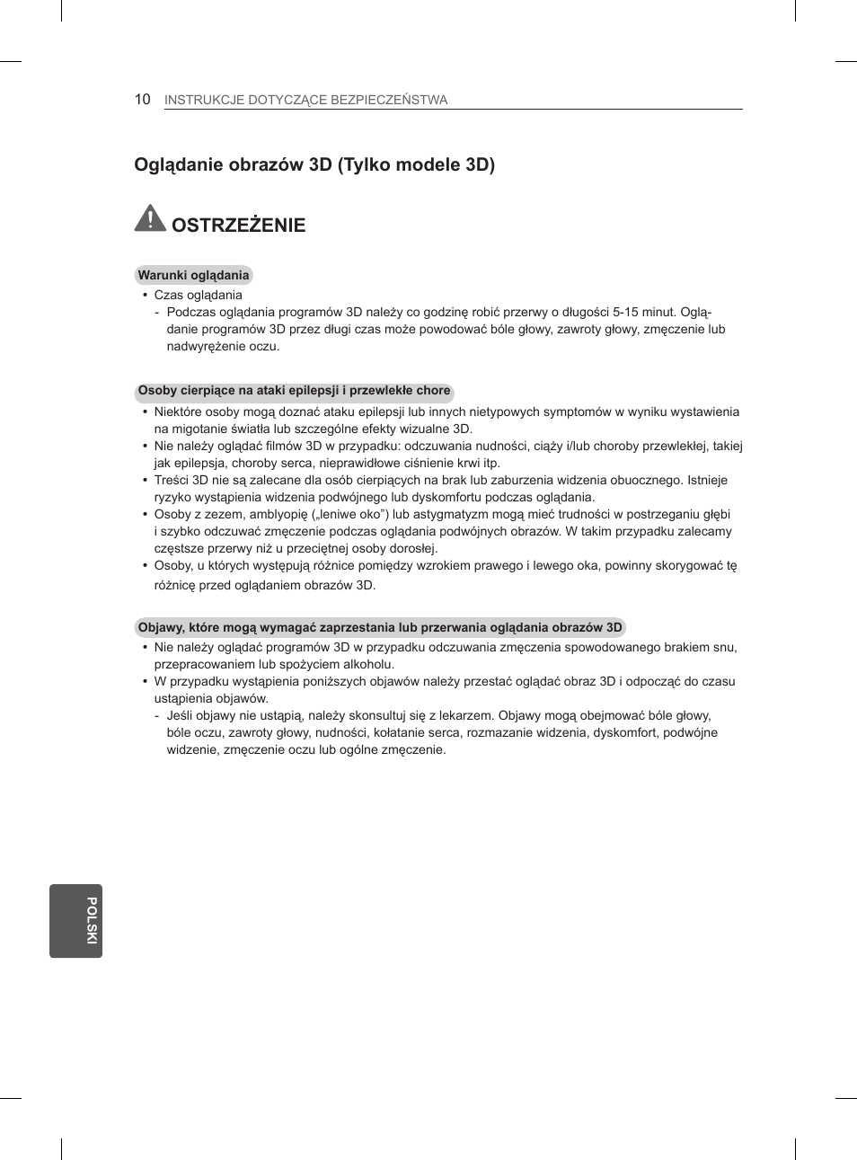 Ostrzeżenie, Oglądanie obrazów 3d (tylko modele 3d) | LG 50PM4700 User Manual | Page 251 / 671