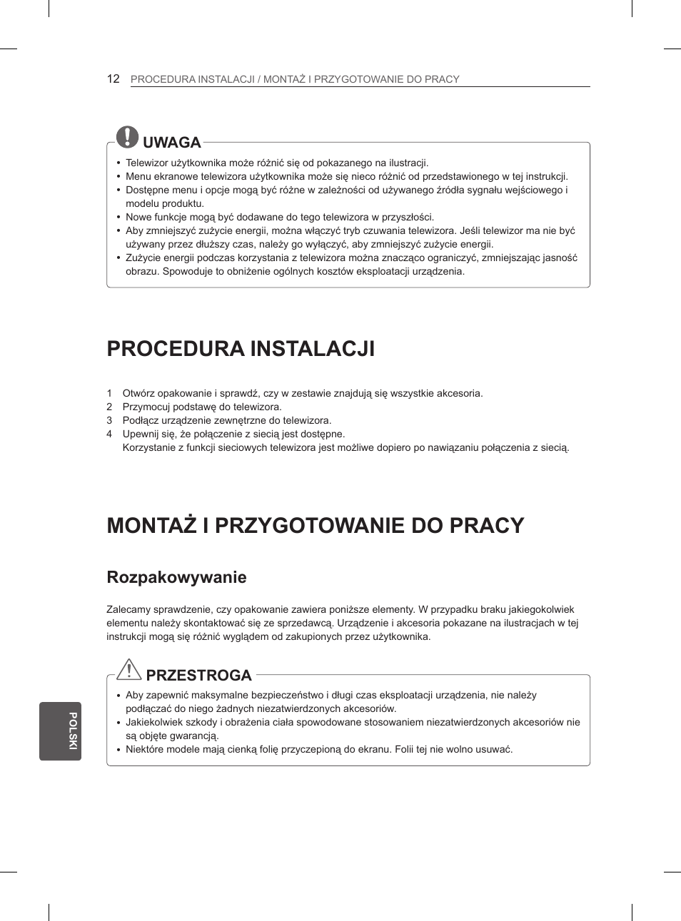 Procedura instalacji, Montaż i przygotowanie do pracy, Rozpakowywanie | Uwaga, Przestroga | LG 50PM4700 User Manual | Page 253 / 671