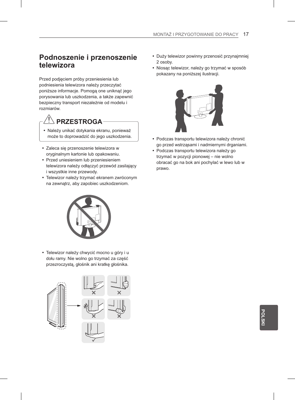 Podnoszenie i przenoszenie telewizora, Przestroga | LG 50PM4700 User Manual | Page 258 / 671