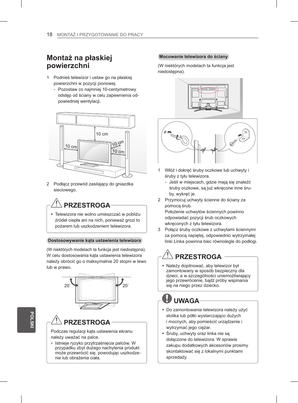 Montaż na płaskiej powierzchni, Przestroga, Uwaga | LG 50PM4700 User Manual | Page 259 / 671