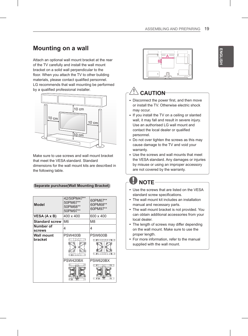 Mounting on a wall, Caution | LG 50PM4700 User Manual | Page 26 / 671