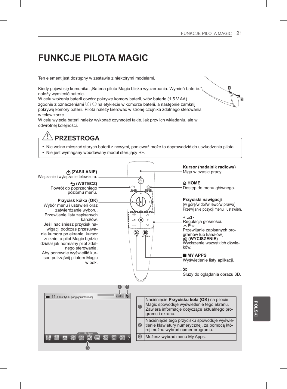 Funkcje pilota magic, Przestroga | LG 50PM4700 User Manual | Page 262 / 671