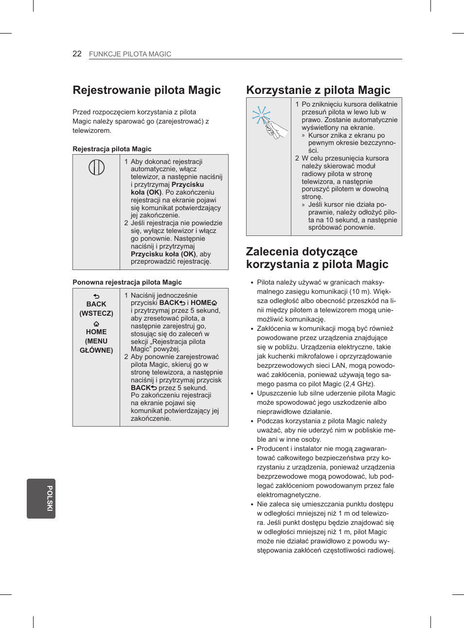 Rejestrowanie pilota magic, Korzystanie z pilota magic, Zalecenia dotyczące korzystania z pilota magic | LG 50PM4700 User Manual | Page 263 / 671