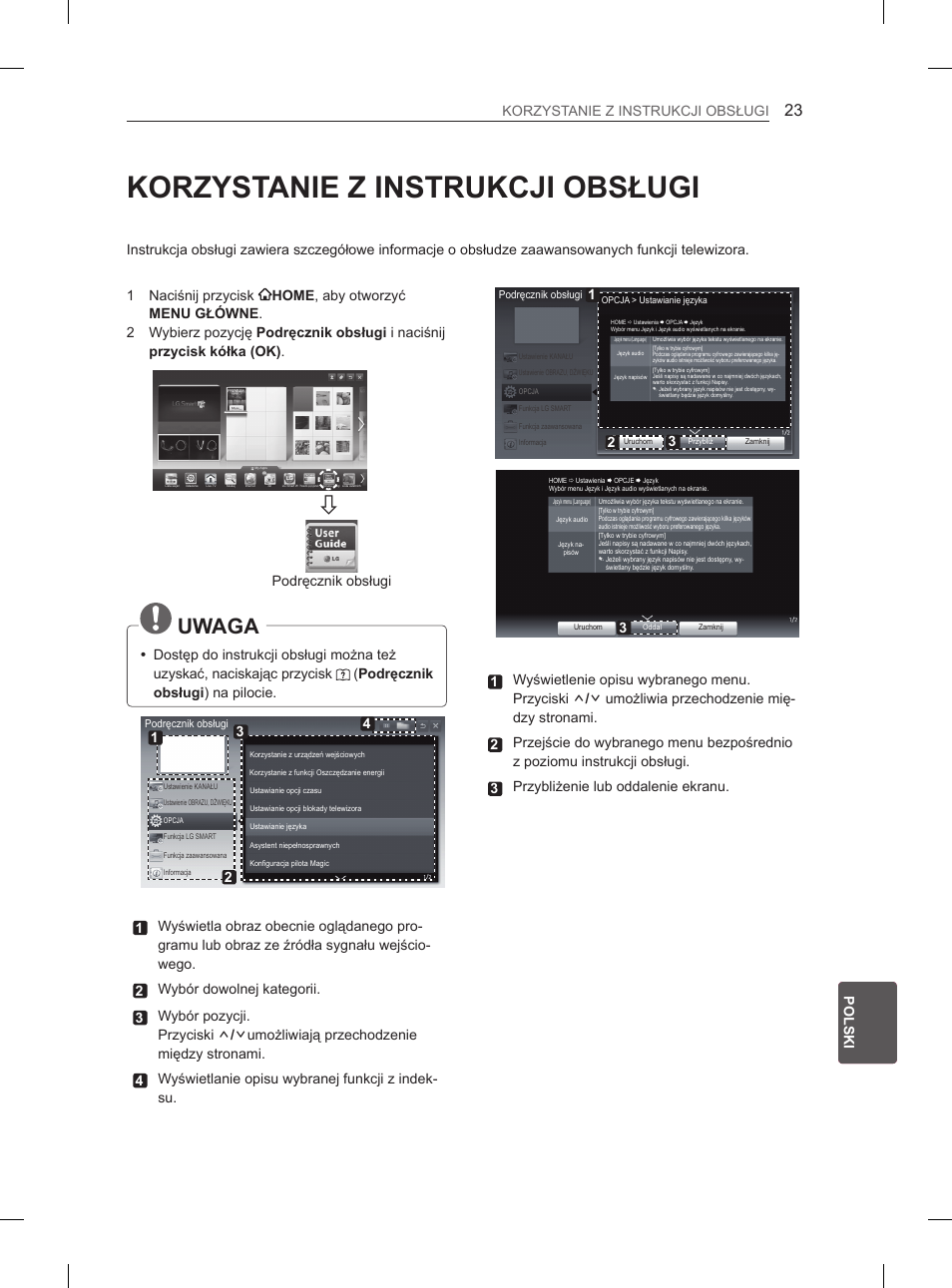 Korzystanie z instrukcji obsługi, Uwaga, Podręcznikyobsługi | LG 50PM4700 User Manual | Page 264 / 671