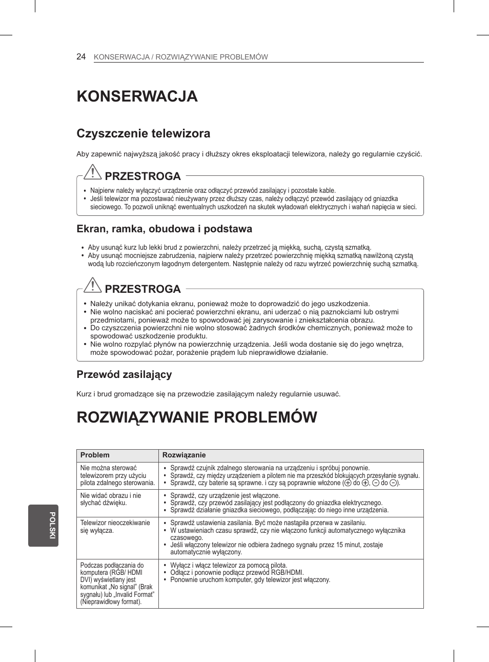 Konserwacja, Rozwiązywanie problemów, Czyszczenie telewizora | Przestroga, Ekran, ramka, obudowa i podstawa, Przewód zasilający | LG 50PM4700 User Manual | Page 265 / 671