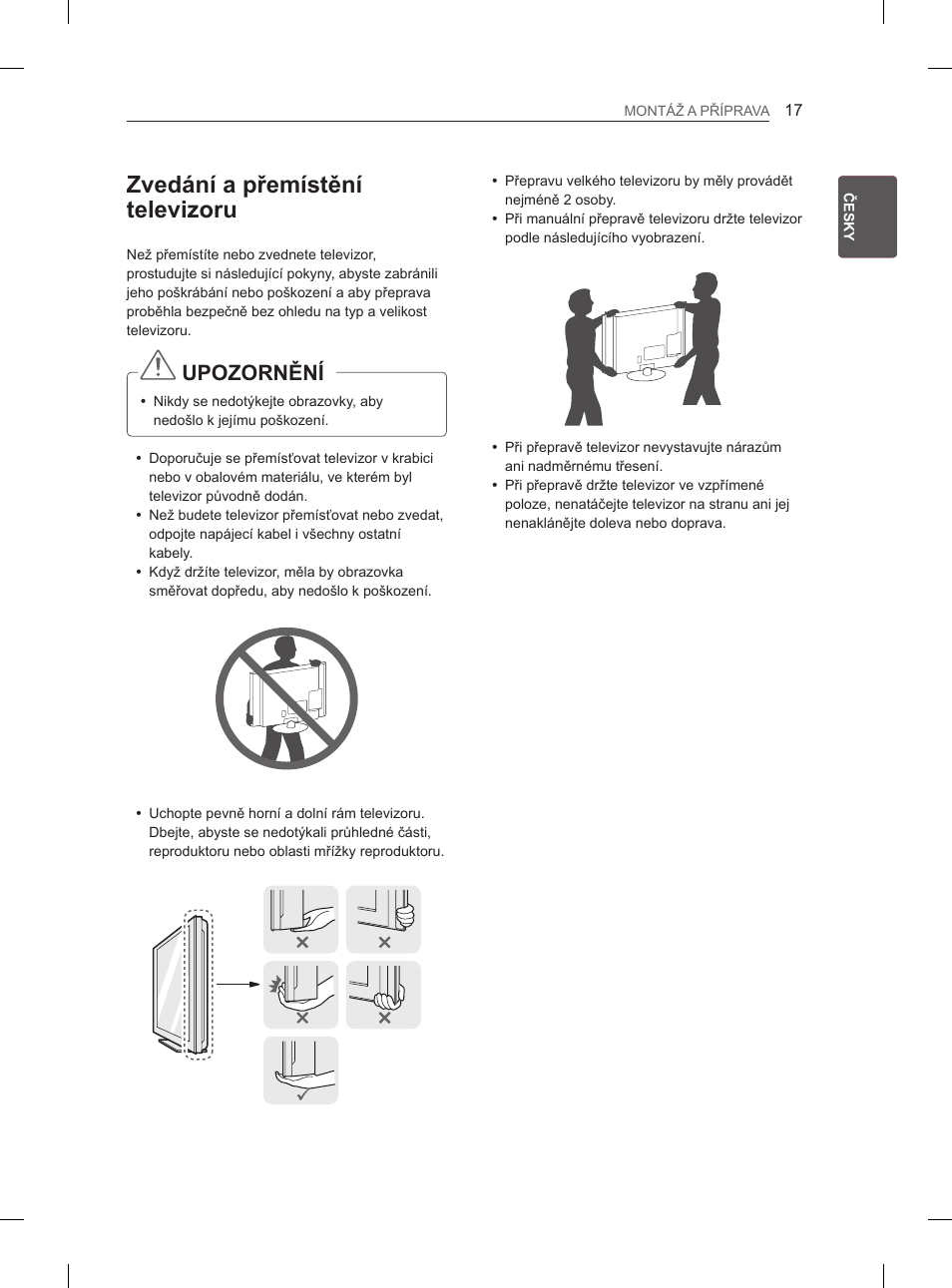 Zvedání a přemístění televizoru, Upozornění | LG 50PM4700 User Manual | Page 284 / 671