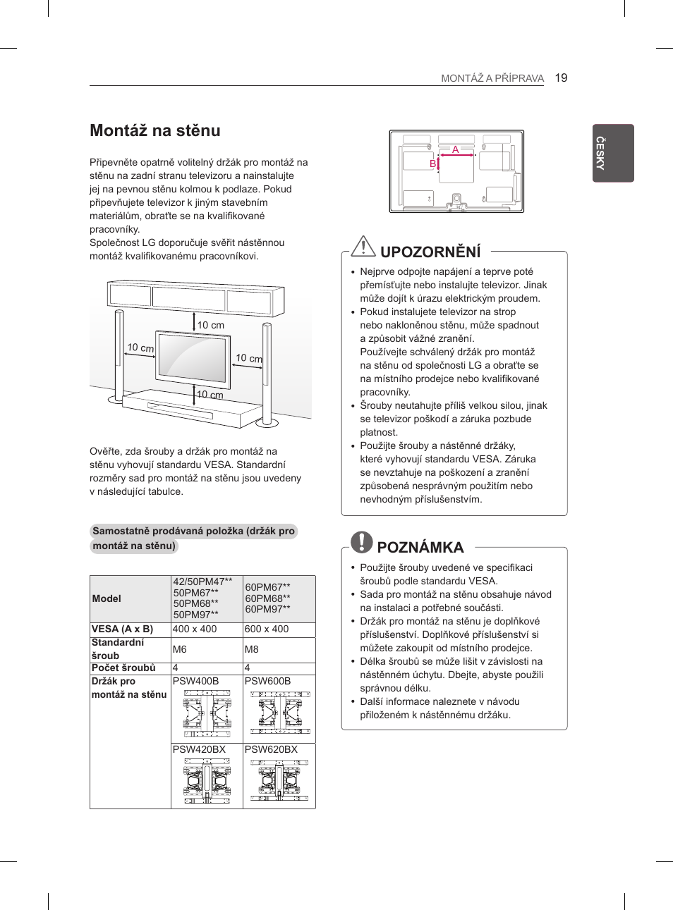 Montáž na stěnu, Upozornění, Poznámka | LG 50PM4700 User Manual | Page 286 / 671