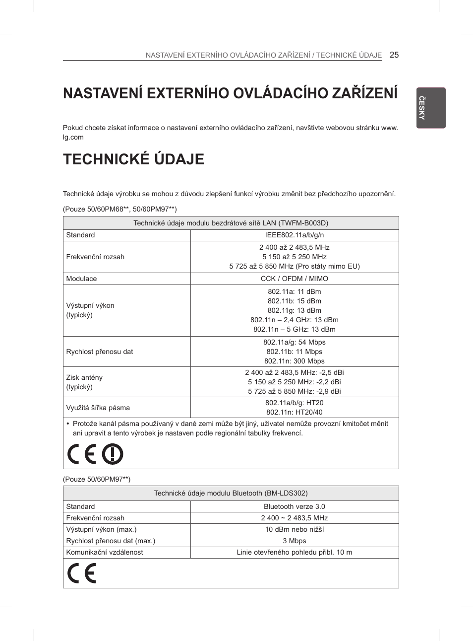 Nastavení externího ovládacího zařízení, Technické údaje | LG 50PM4700 User Manual | Page 292 / 671