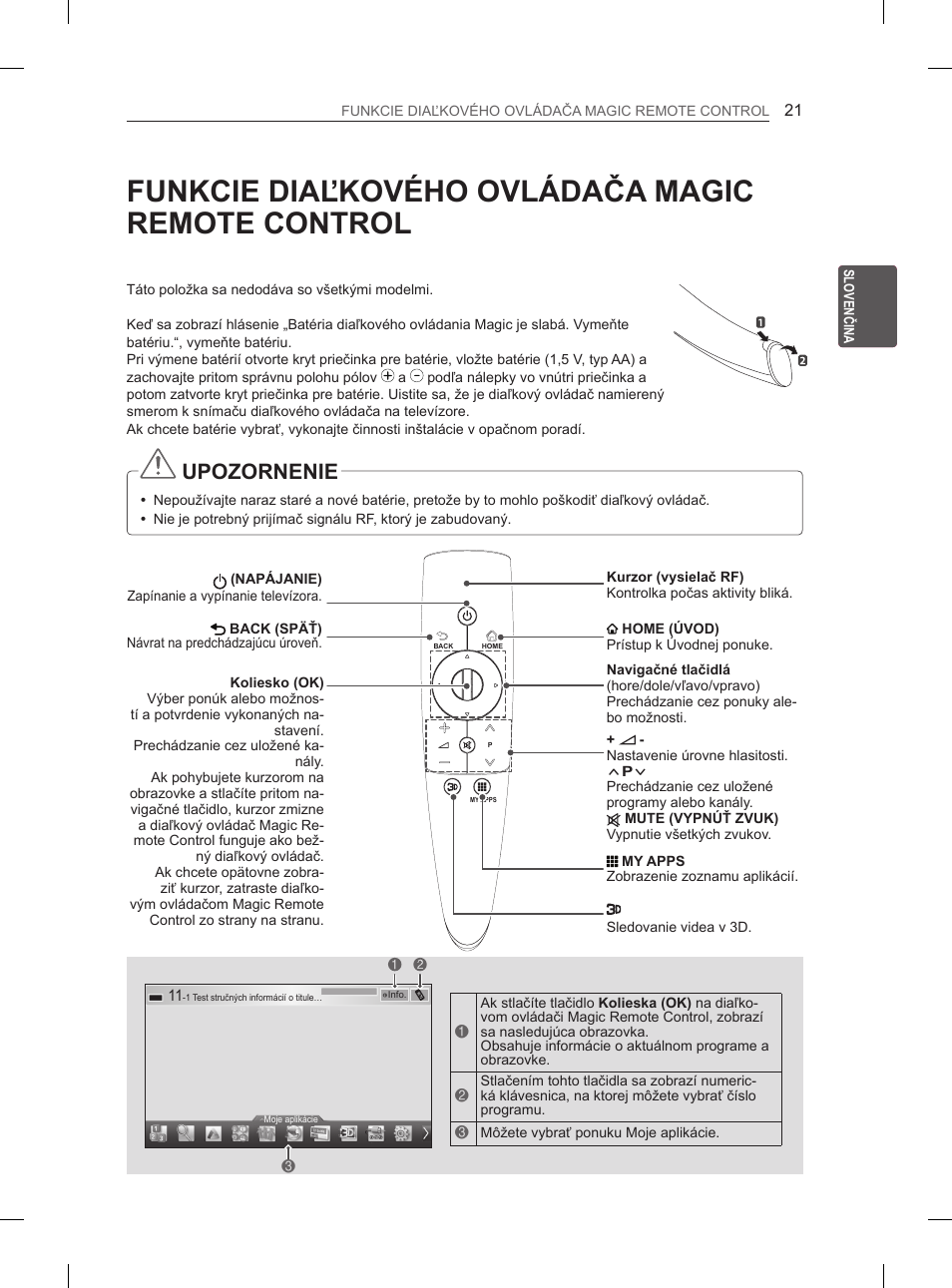 Funkcie diaľkového ovládača magic remote control, Upozornenie | LG 50PM4700 User Manual | Page 314 / 671
