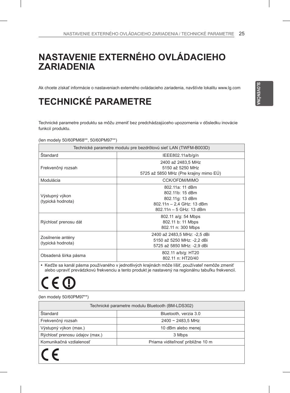 Nastavenie externého ovládacieho zariadenia, Technické parametre | LG 50PM4700 User Manual | Page 318 / 671