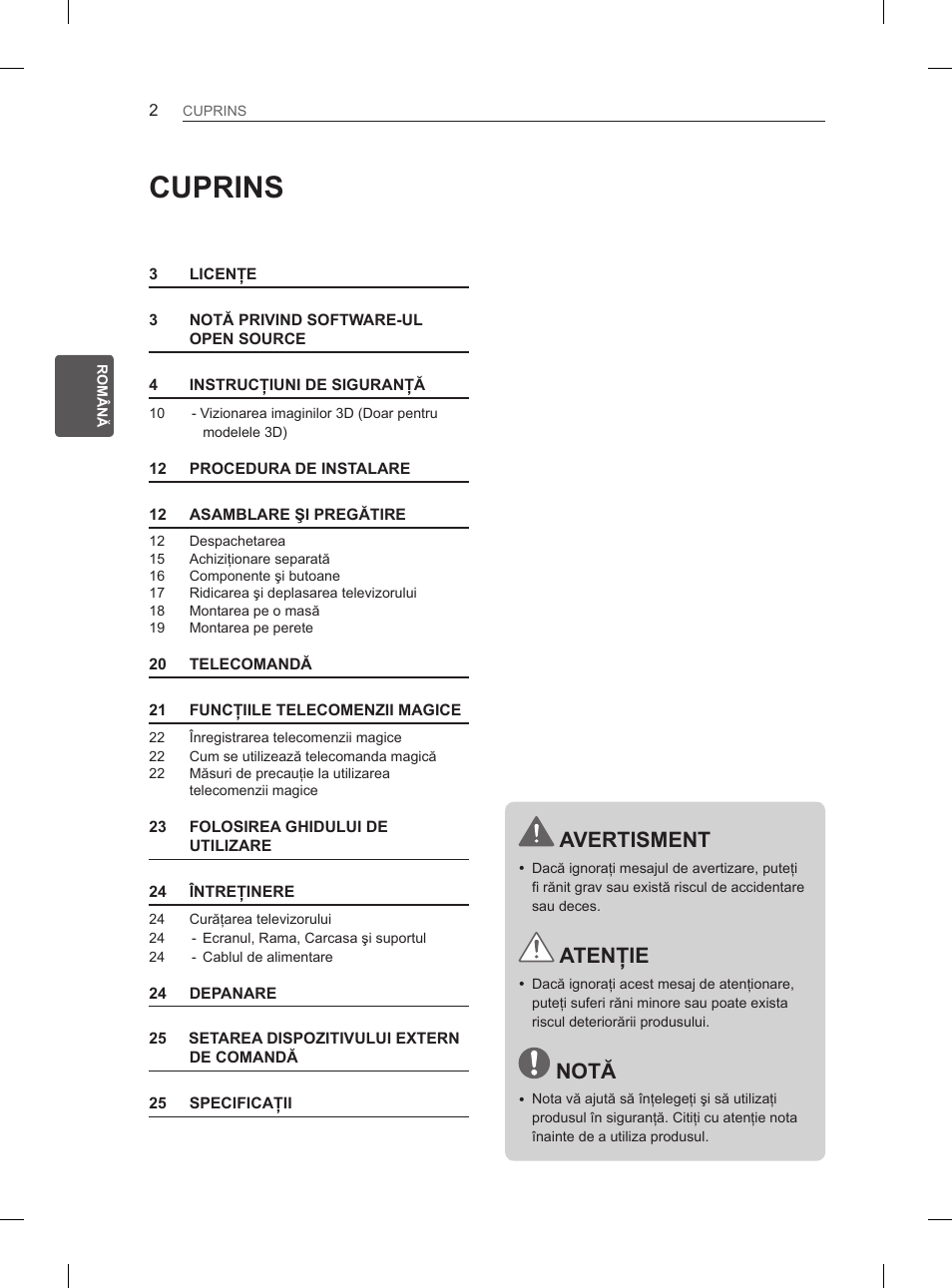 Cuprins, Avertisment, Atenţie | Notă | LG 50PM4700 User Manual | Page 321 / 671
