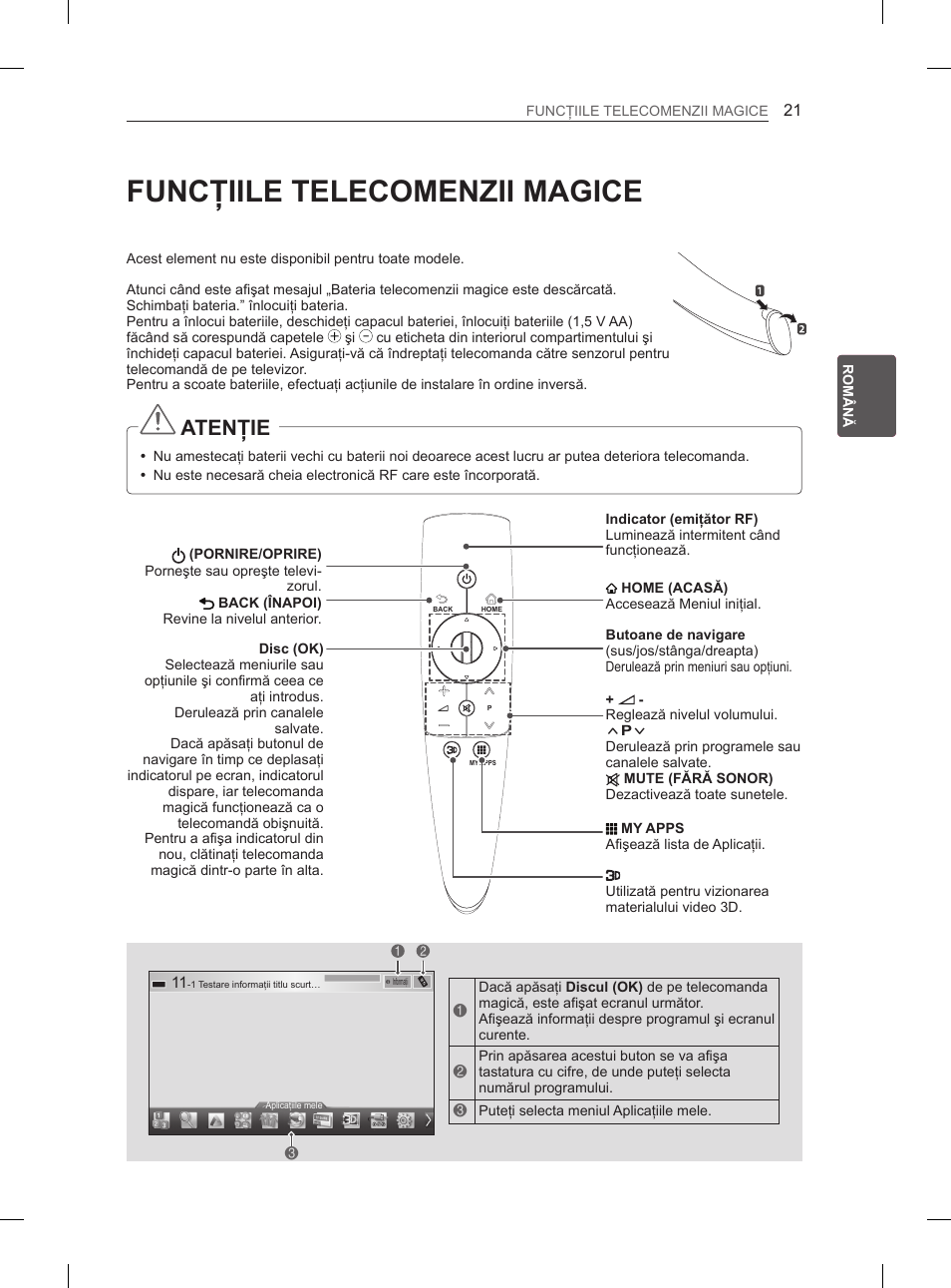 Funcţiile telecomenzii magice, Atenţie | LG 50PM4700 User Manual | Page 340 / 671