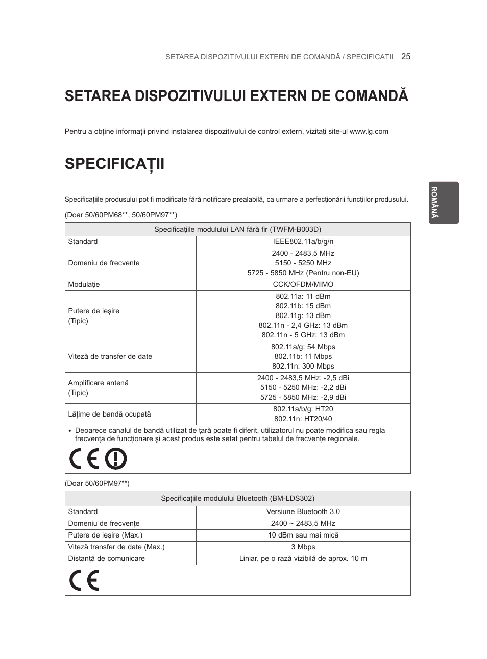 Setarea dispozitivului extern de comandă, Specificaţii | LG 50PM4700 User Manual | Page 344 / 671
