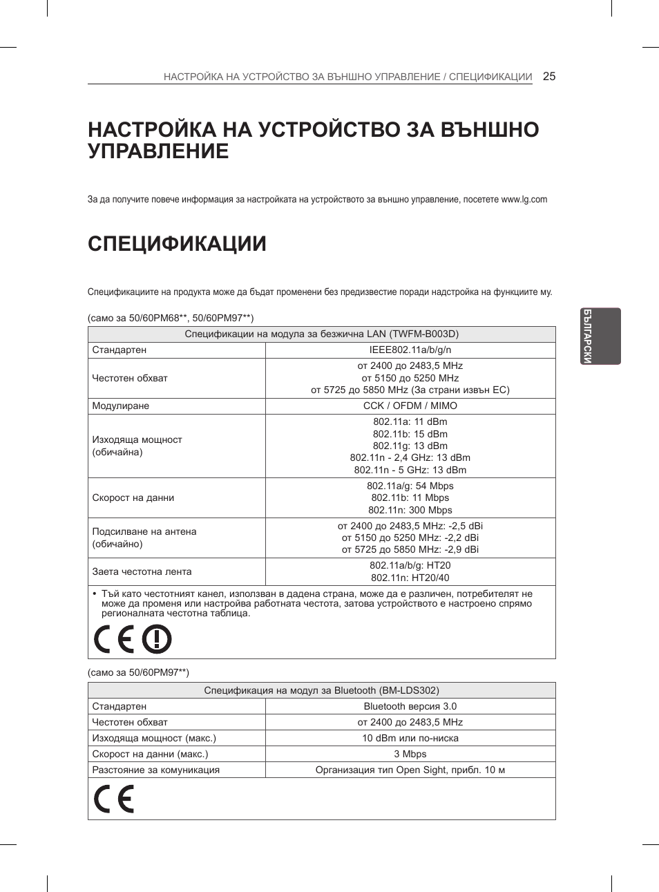 Настройка на устройство за външно управление, Спецификации | LG 50PM4700 User Manual | Page 370 / 671