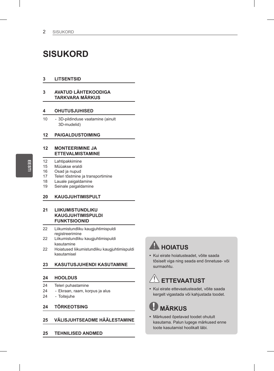 Sisukord, Hoiatus, Ettevaatust | Märkus | LG 50PM4700 User Manual | Page 373 / 671