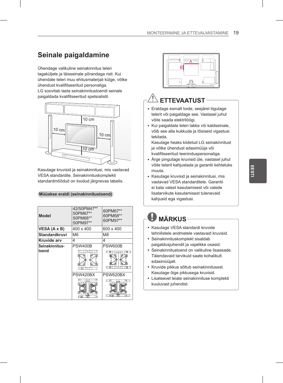 Seinale paigaldamine, Ettevaatust, Märkus | LG 50PM4700 User Manual | Page 390 / 671