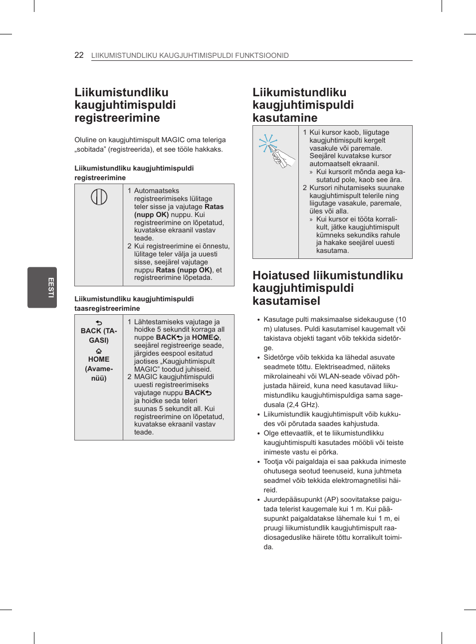 Liikumistundliku kaugjuhtimispuldi registreerimine, Liikumistundliku kaugjuhtimispuldi kasutamine | LG 50PM4700 User Manual | Page 393 / 671