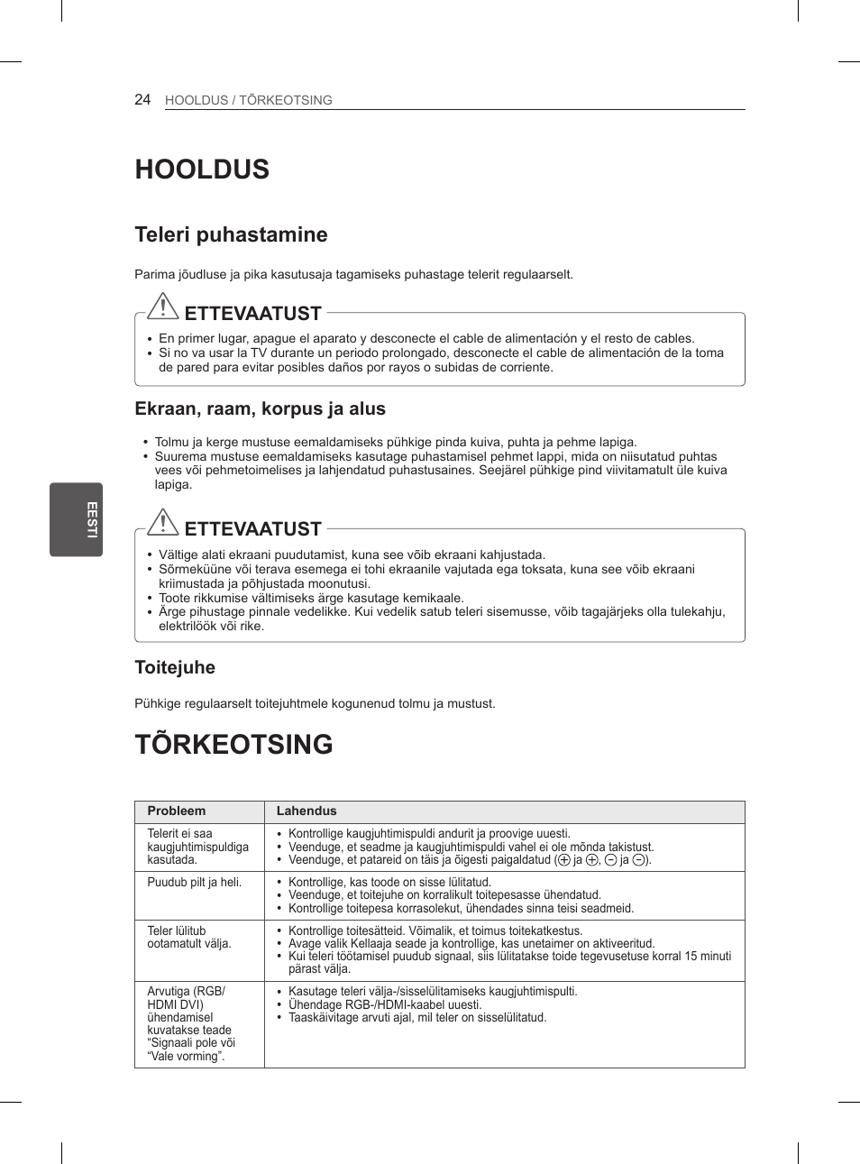 Hooldus, Tõrkeotsing, Teleri puhastamine | Ettevaatust, Ekraan, raam, korpus ja alus, Toitejuhe | LG 50PM4700 User Manual | Page 395 / 671