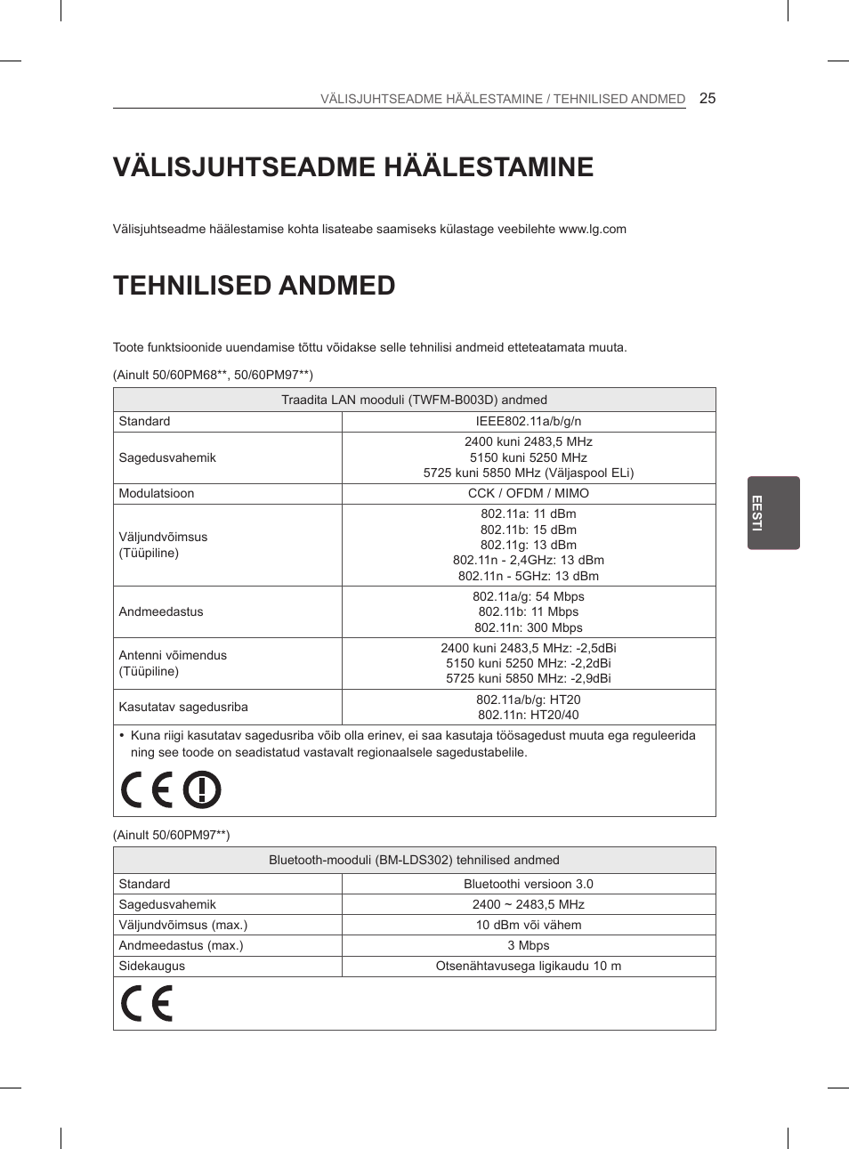 Välisjuhtseadme häälestamine, Tehnilised andmed | LG 50PM4700 User Manual | Page 396 / 671