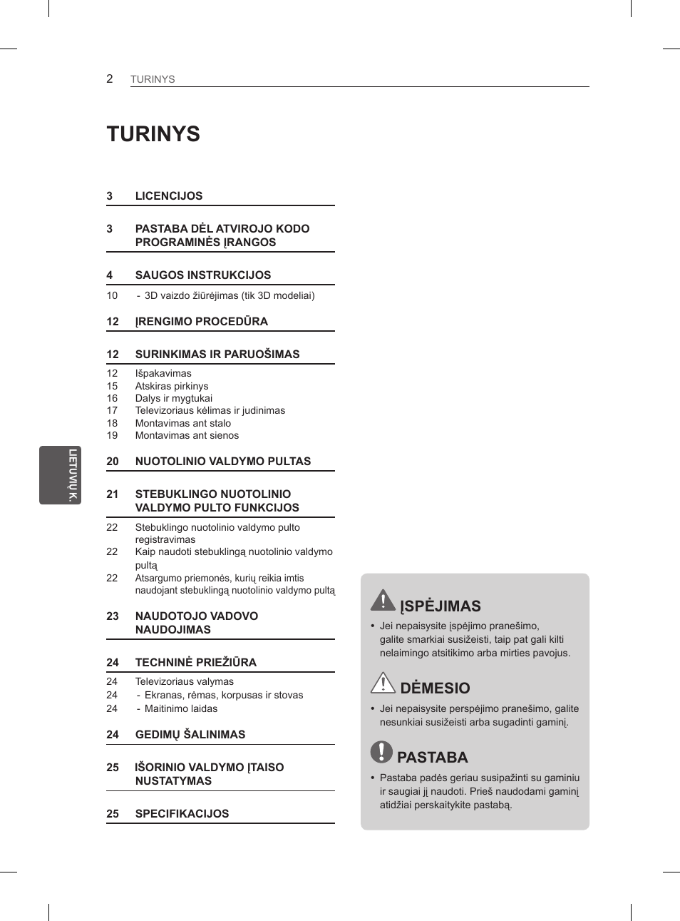 Turinys, Įspėjimas, Dėmesio | Pastaba | LG 50PM4700 User Manual | Page 399 / 671