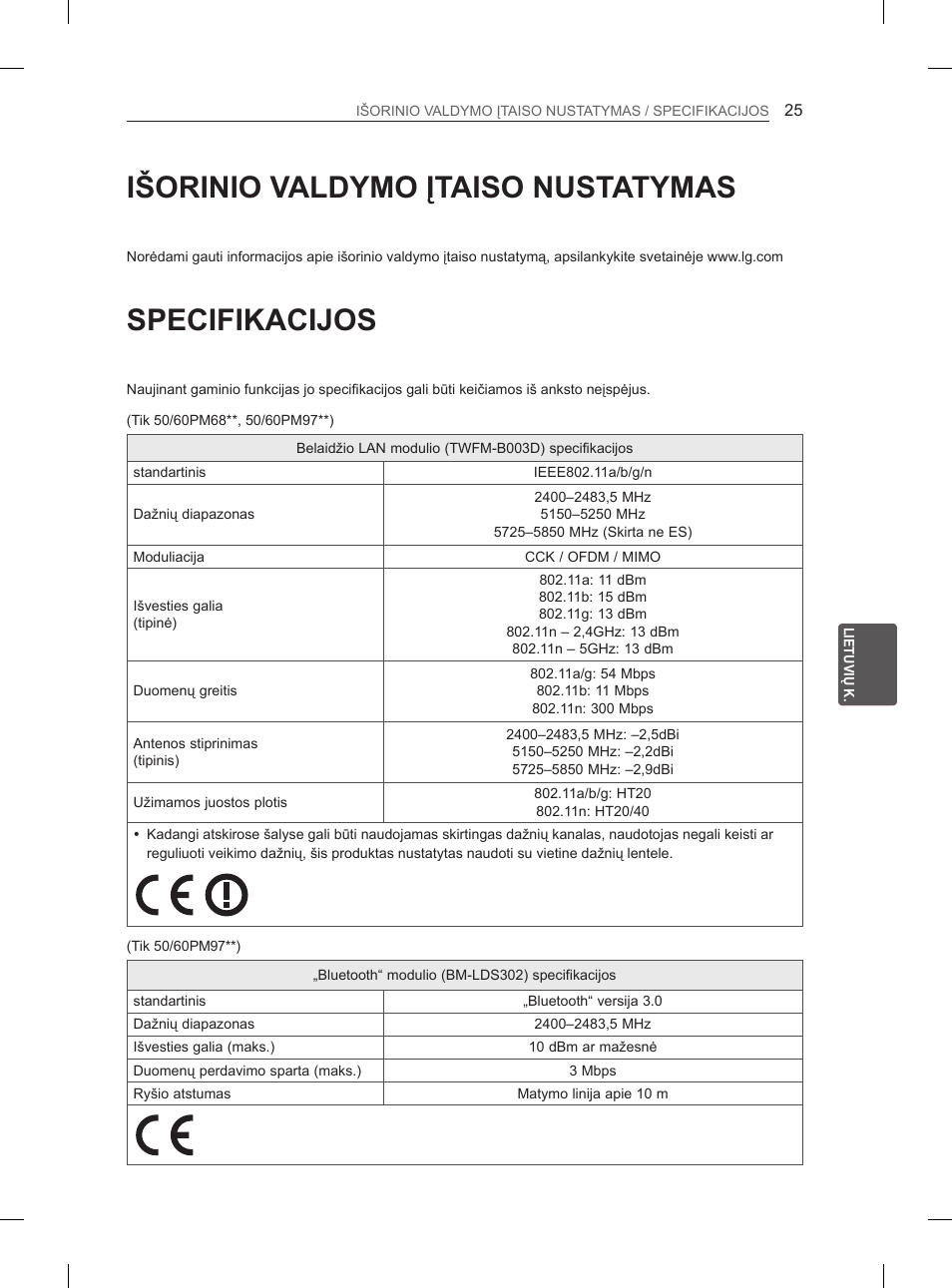 Išorinio valdymo įtaiso nustatymas, Specifikacijos | LG 50PM4700 User Manual | Page 422 / 671