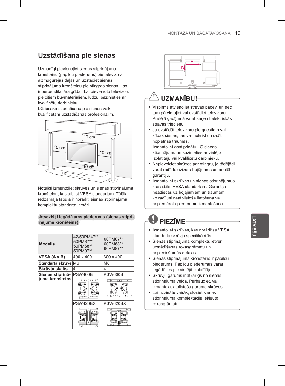 Uzstādīšana pie sienas, Uzmanību, Piezīme | LG 50PM4700 User Manual | Page 442 / 671