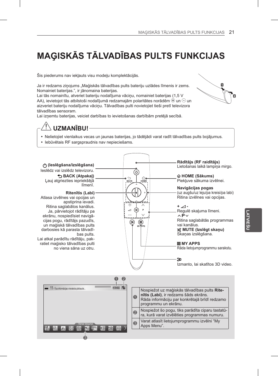 Maģiskās tālvadības pults funkcijas, Uzmanību | LG 50PM4700 User Manual | Page 444 / 671